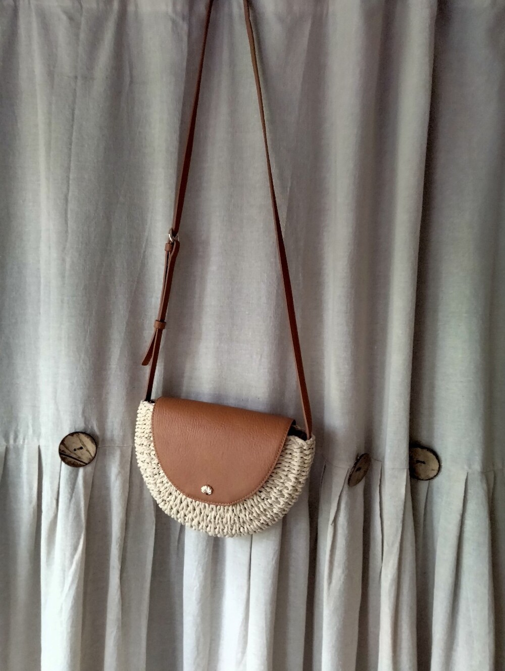 Woven Half-Moon Crossbody Bag with Brown Leather Flap